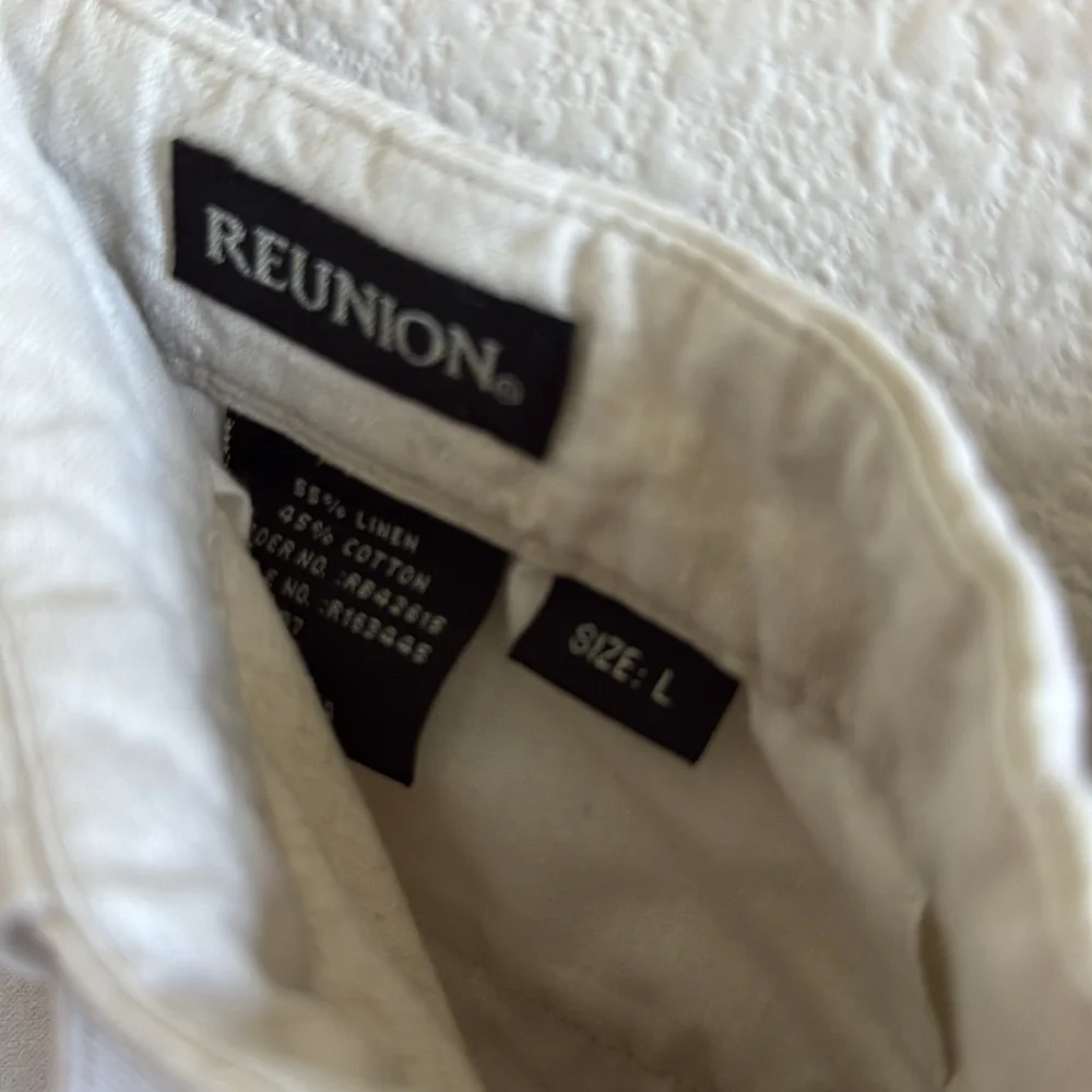 Reunion Linen Cotton Cream Pants Straight Leg Zipper + Drawstring Waist Large